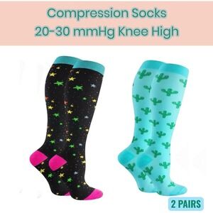 Unisex 20-30 mmHg Compression Socks L/XL Knee High Medical Whimsical 2 Pack NEW‎